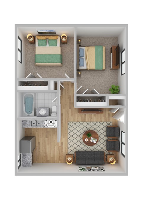 Floor plan for 2 beds, 1 bath, 788 sqft